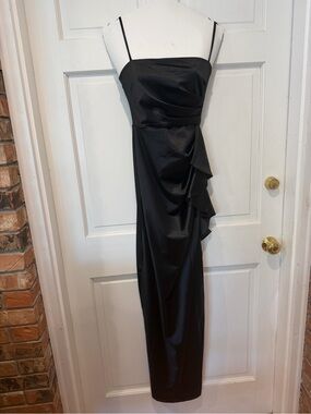 Windsor Black Satin Maxi Dress with Side Ruffle